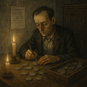 In the dim afterglow of a forgotten war, a solitary clerk etches names onto medals no one will claim. The heroes are gone, the victors vanished — only the archivist remains, forging memory from silence.