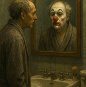 A mathematician looked into his bathroom mirror and saw a clown staring back. He realised that everything he had built was not a legacy of intellect, but the long, unbroken performance of a joke he had never understood.