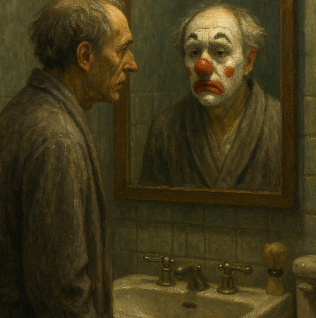 A mathematician looked into his bathroom mirror and saw a clown staring back. He realised that everything he had built was not a legacy of intellect, but the long, unbroken performance of a joke he had never understood.